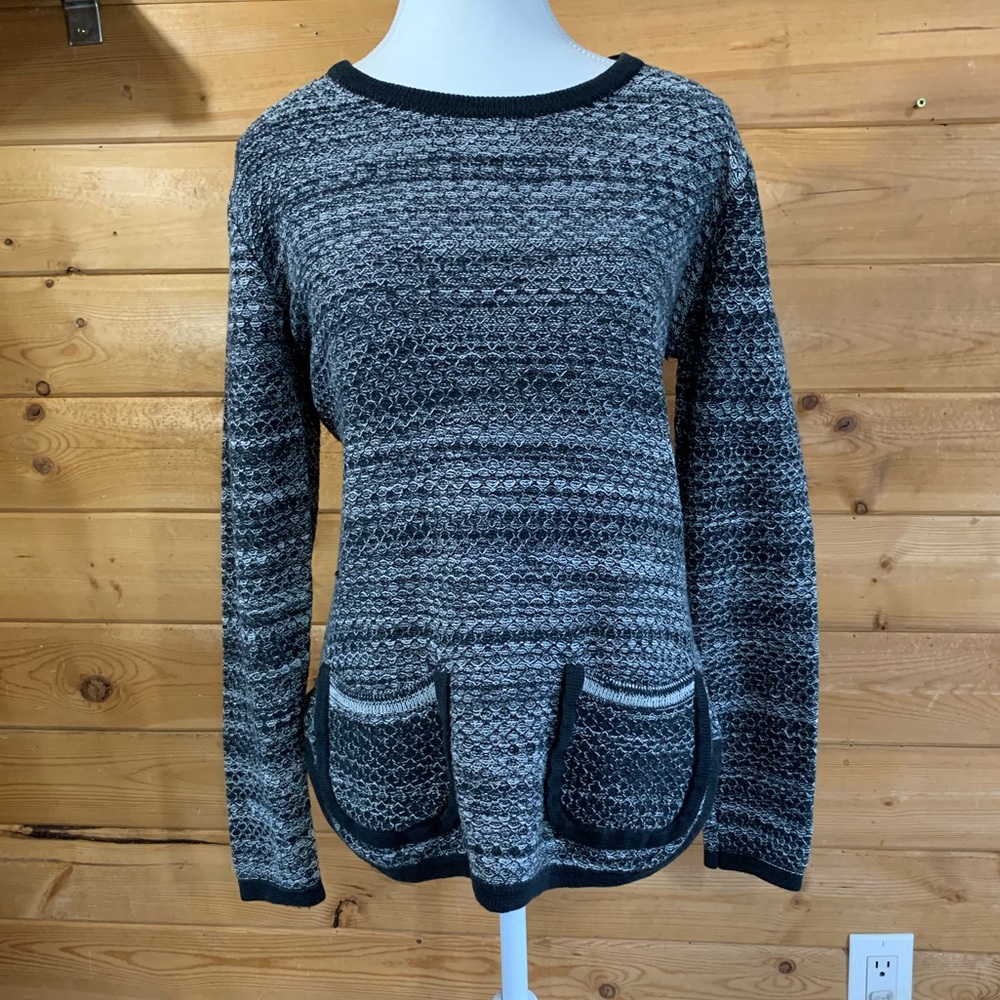 Cotton Black Grey Crew Neck Pocket Sweater Womens Medium